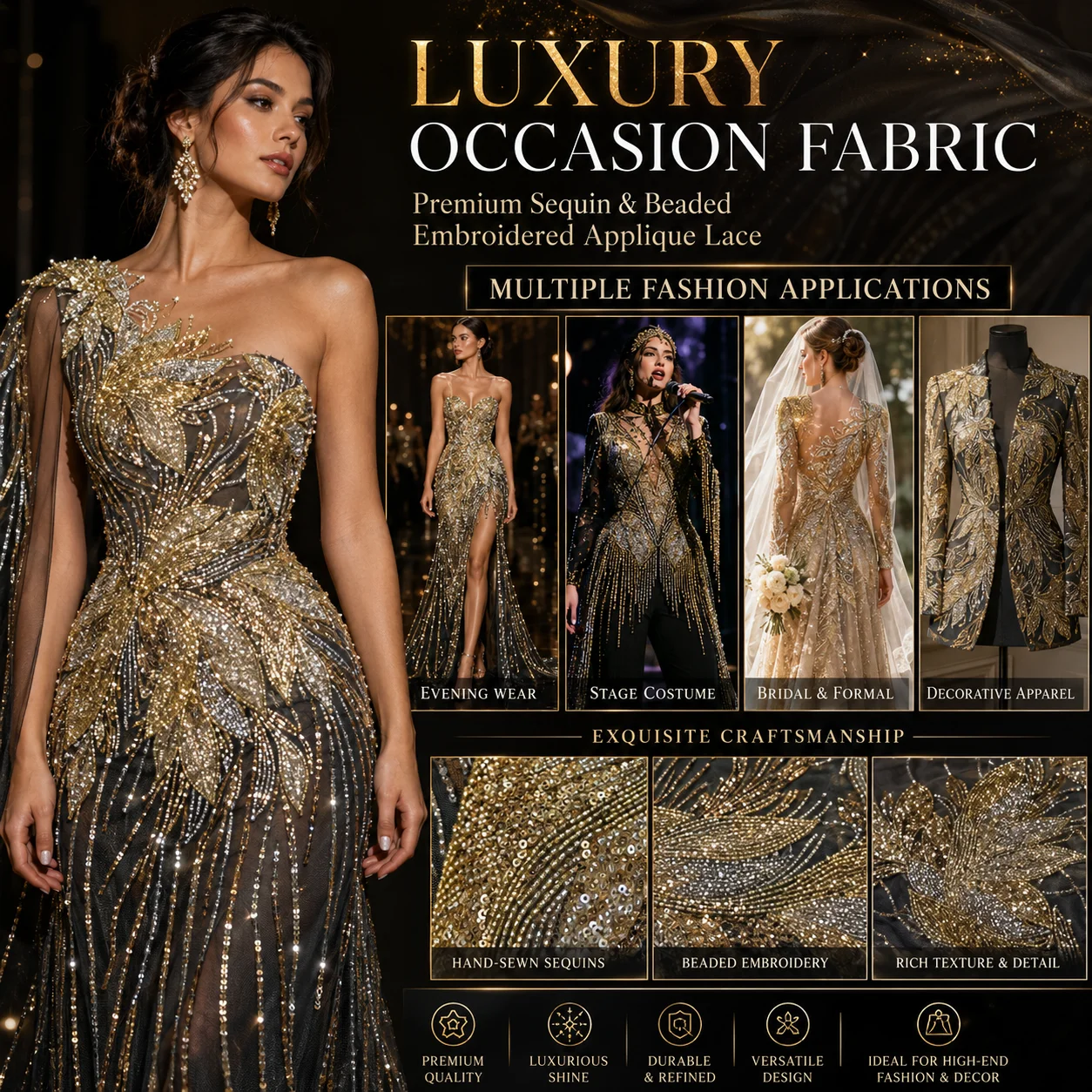 Luxury Gold Sequined Embroidery Mesh Fabric Beaded Floral Tulle Lace Sparkly Fabric for Evening Bridal Gowns Custom OEM