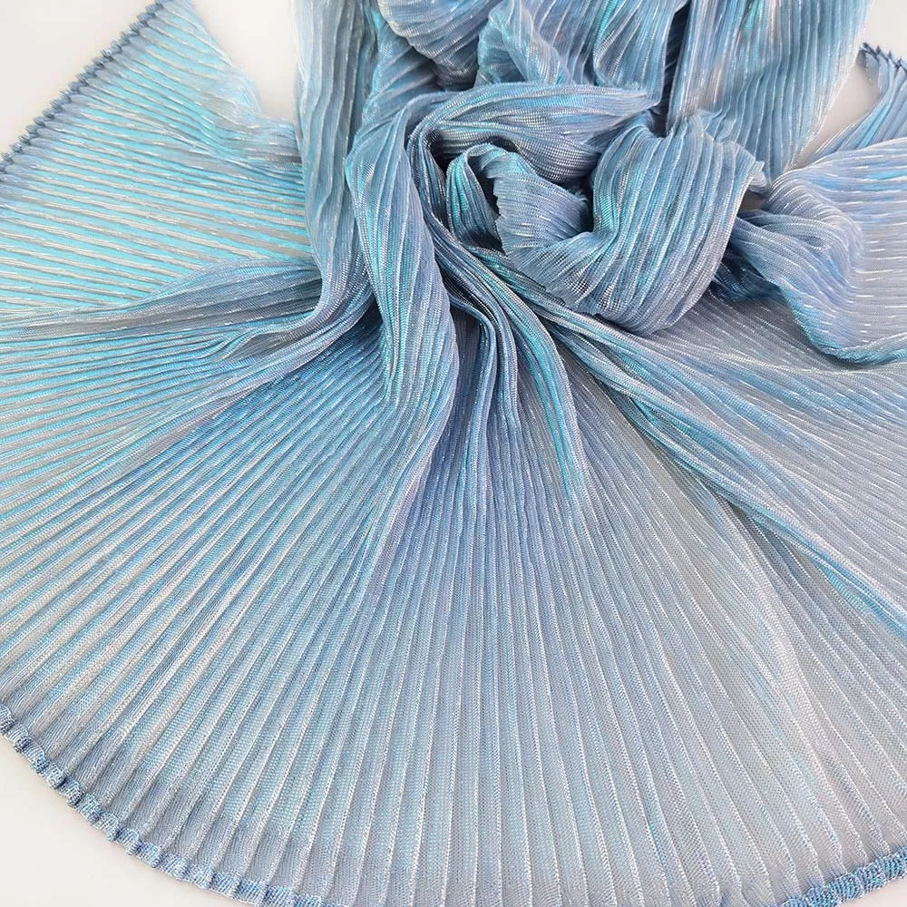 Light Blue Metallic Mesh Pleated Tulle Lurex Knit Fabric