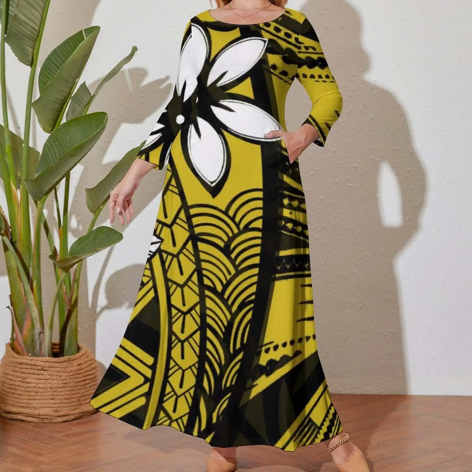 Print on Demand Factory Outlet Polynesia Samoa Tribal Printed Long Sleeved Dress Elegant Casual Dresses Spring Women Dress Party