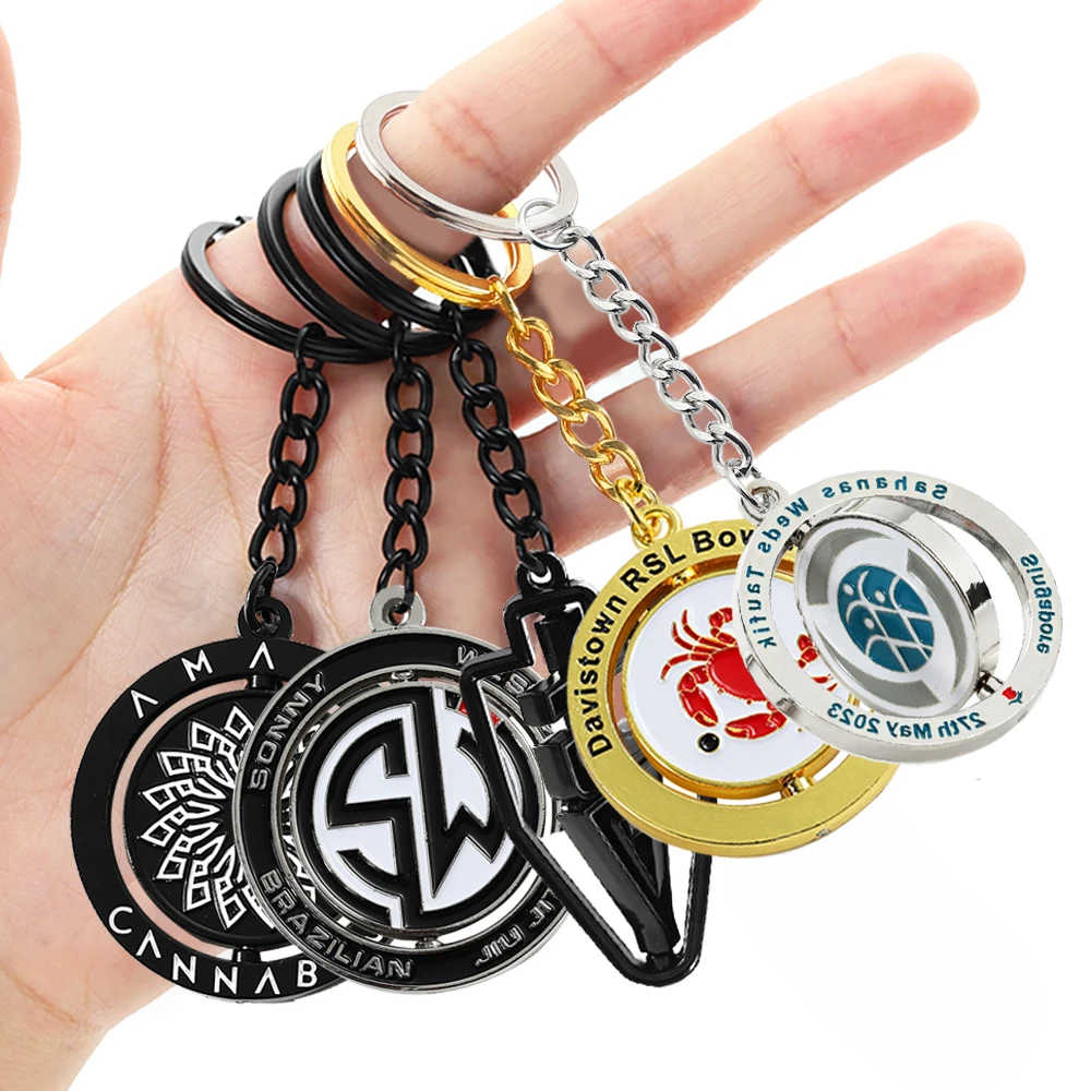 Customised Logo Keychains Designer 2D 3D Metal Key Chain 360 Degree Rotating Spinning Lion Anniversary Keyring Custom Keychain