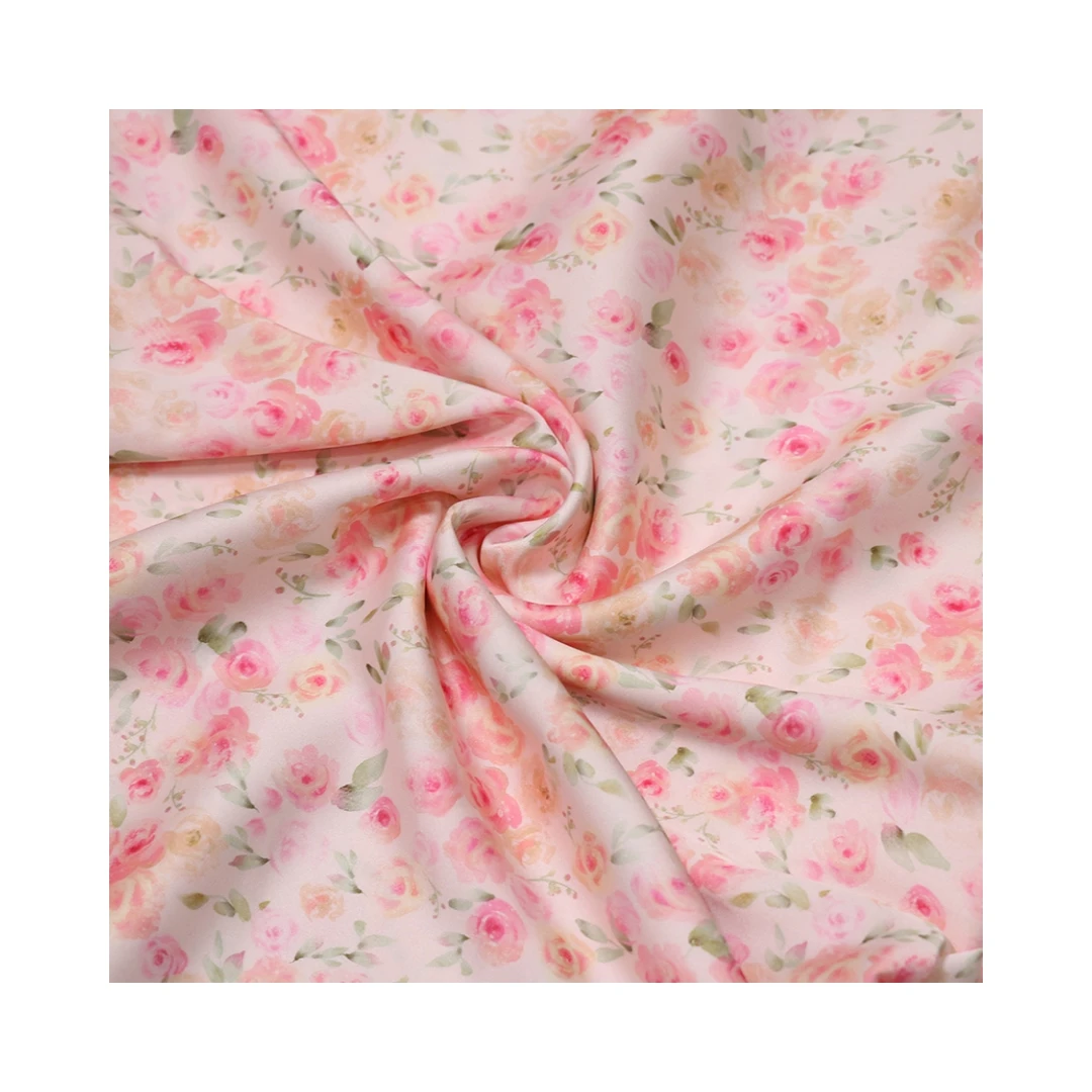 Summer Design Printed Fabric 97%Polyester 3%Spandex Pink Small Crushed Flower Satin Silk Fabric for Dress