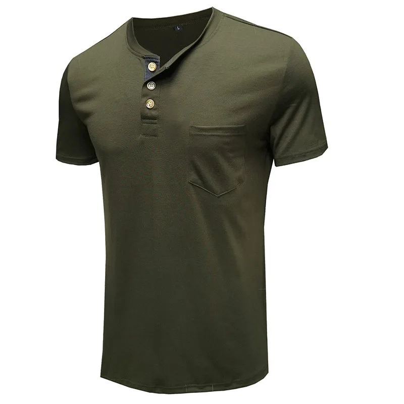 2023 Summer new button men's short sleeve t-shirt solid color loose collar polyester t shirt261_voghion.com