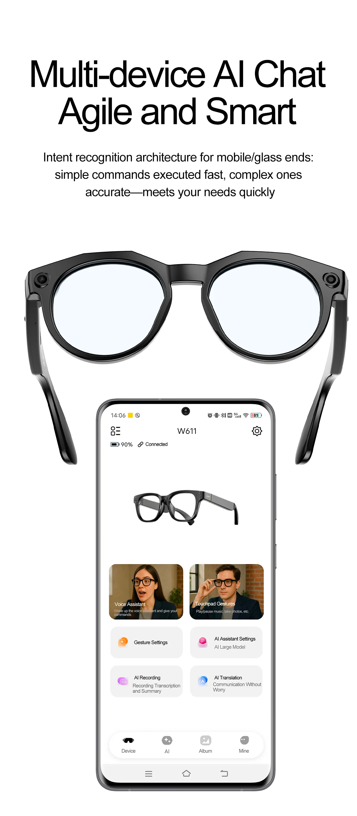 SANVNET W611 Smart Glasses with 8MP Camera Al Intelligent Translation BT Calling WIFI Transfer Video Recording Sunglasses 2026