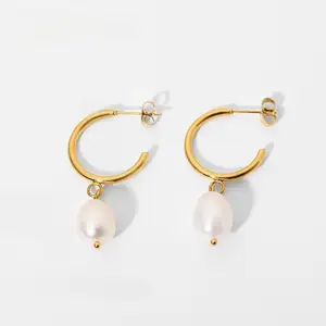 Ins Fashion Gold Plated Stainless Steel C Shape Pearl Drop Earrings Exquisite Jewelry for Women