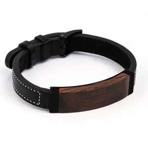 Tizti Jewelry Adjustable Black Leather Ebony Black Wood Bracelet Belt Buckle Clasp Jewelry Men Bracelet