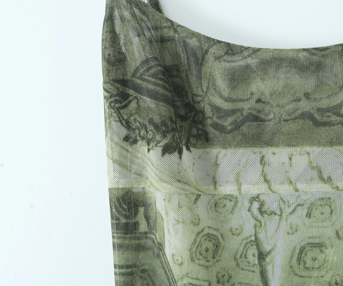 Green Color Print Spaghetti Strap Hot Sale Casual Fashion Long slip Dress for Women