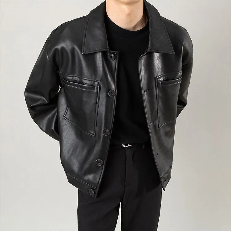 Men's Pu Leather Jacket Vintage Style Loose Fit Spring Autumn_voghion.com