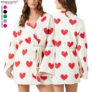 Wholesale Valentine Plush Bathrobe Allover Heart Print Jacquard Knit Honeymoon Nighty Cozy Fluffy Custom Bath Robes Women