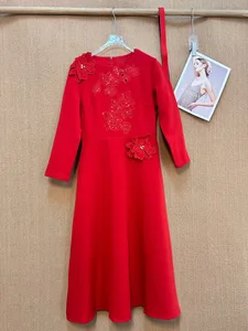 Bettergirl High Quality 2026 Ramadan Sequin Embroidery 3D Flower Long Sleeve Red Dress  Round Neck Elegant Charming Long Dress