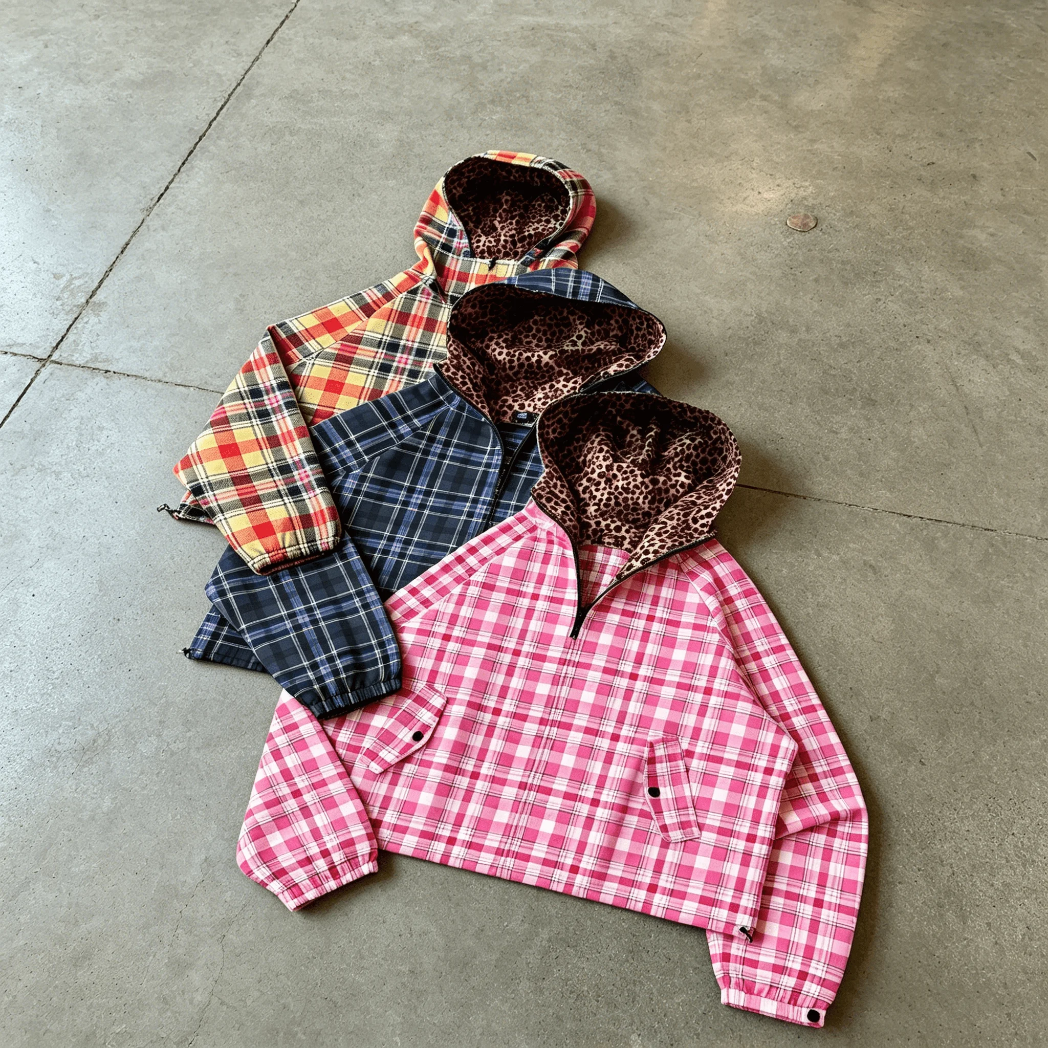 Y2K Retro Plaid Leopard Reversible Cropped Hooded Jacket Unisex Elastic Cuff Zip up Harajuku Casual Street Outerwear gallery 2