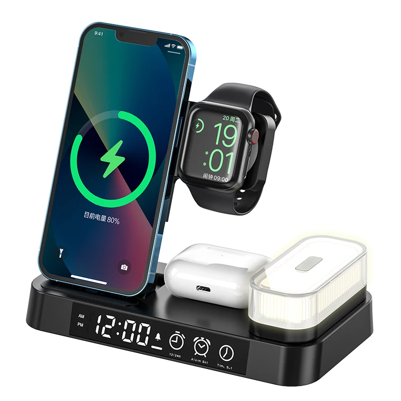 15W 4 in 1 Magnetic Digital Alarm Clock Wireless Charger Stand 3 in 1 Foldable Wireless Charger With RGB Lamp Night Led Light