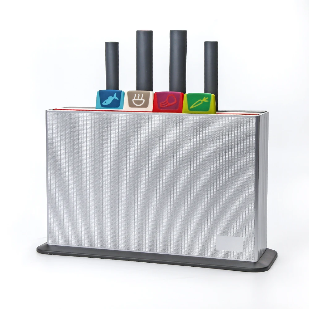 Plastic Cutting Board Set with 4 Stainless Steel Kitchen Knife and Stainless Steel Storage Case Color-Coded Board