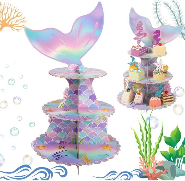 2024 Internet celebrity hot selling three-layer cake rack cartoon circular environmentally friendly disposable mermaid cake rack