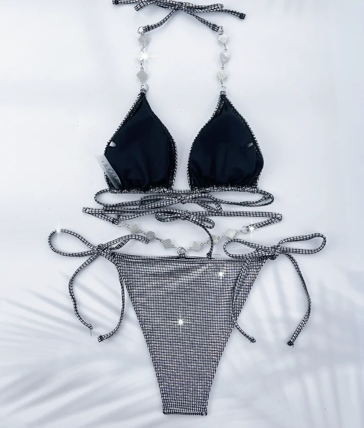 新款现货领带细节金属沙滩装珠宝比基尼套装女性全息迷你泳衣