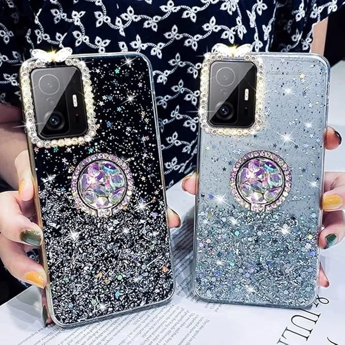 Laudtec Ring Stand Luxury Fashion Love Design for Samsung Galaxy A13 Sparkle Cute Girly Cases Glitter Pretty Butterfly Case