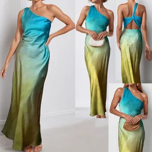 New Fashionable Spring Summer Wearing One Shoulder Slim Fit Backless Women Sexy Casual Stain Maxi Dresses