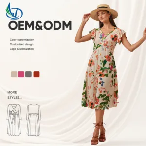 Peach Blossom Print Dress with Elegant and Formal Style, Suitable for Summer Outings