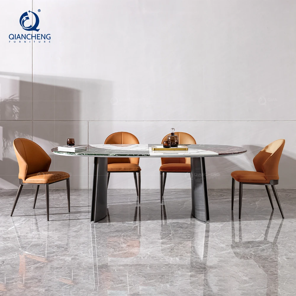 Oval Nordic Dining Table for People Sintered Stone Oval Black Metal Ss  Pedestal Dining Table