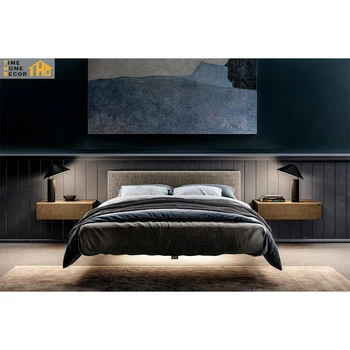 Floating Queen Frame Suspension Bed with LED Lights and Wall Mounted Headboard Latest Style
