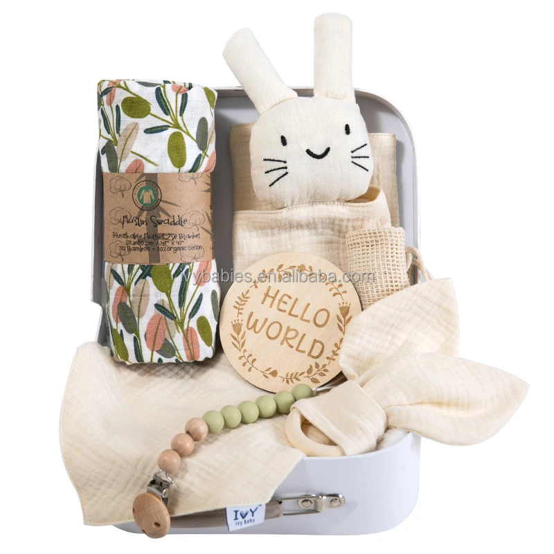 Baby Gift Set Organic Cotton Muslin Bunny Comforter Toy Wooden Milestone Card Matching Bib Newborn Shower Box Baby Essentials details