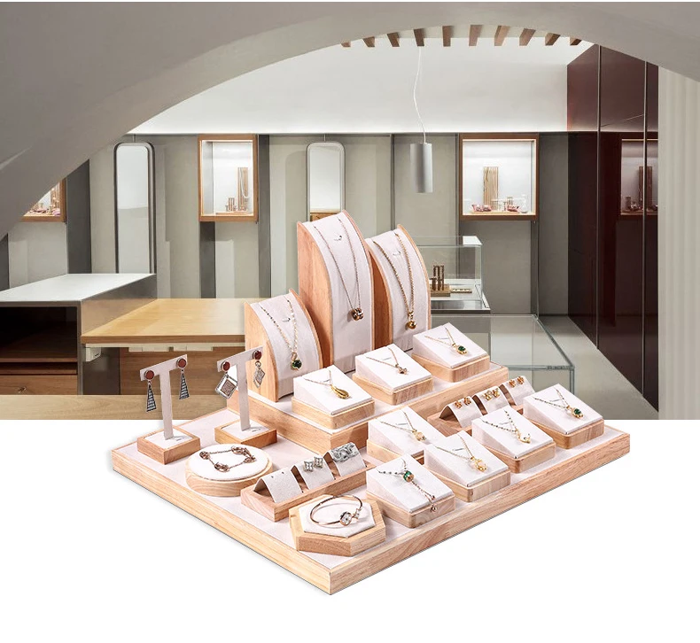 Luxury Beige Velvet Jewellery Display Props Wood Display Stand Jewelry