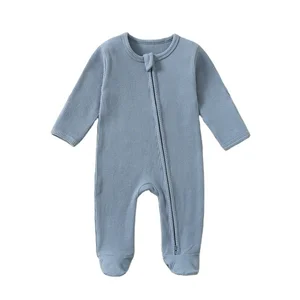 Unisex Baby Play Rompers Solid Pattern 100% Cotton Knitted Fabric Zipper Closure Baby Clothing