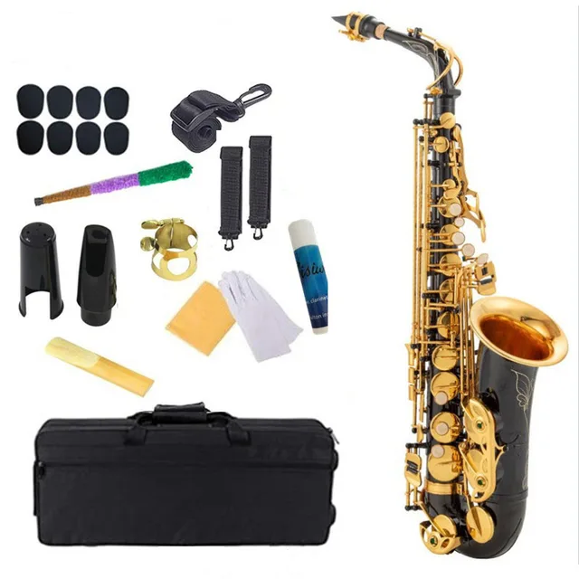 High quality black nickel gold E-flat alto saxophone with hand engraving and complete accessories
