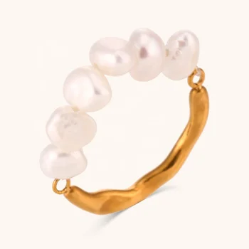 Dingran 2024 bijoux acier inoxydable Waterproof Fresh Water Pearl Chain Ring 18K Pvd Gold Plated Stainless Steel Jewelry