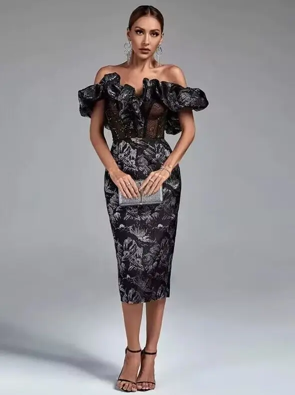 Luxury Women Formal Dress Elegant Tea Length Black Modest Jacquard ...