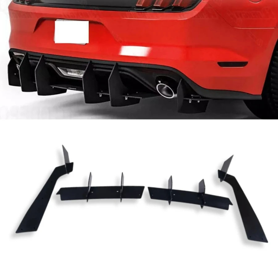 TIYPEOR Shark Fin Rear Bumper Diffuser for Ford Mustang 2015 - 2023 V2 Style Gloss Black Rear Diffuser & Rear Side Splitter