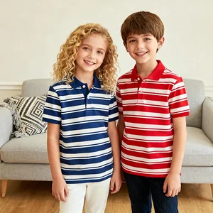 OEM ODM Boys Summer New Designed Customized Premium Golf Applique Children Blue Stripe Uniform Causal Polo Shirts for Boys
