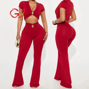 GX25819 Boutique Fashion Clothing Vendor Women Street Wear Short Sleeve Cropped Tops and Pant 2 Piece Set