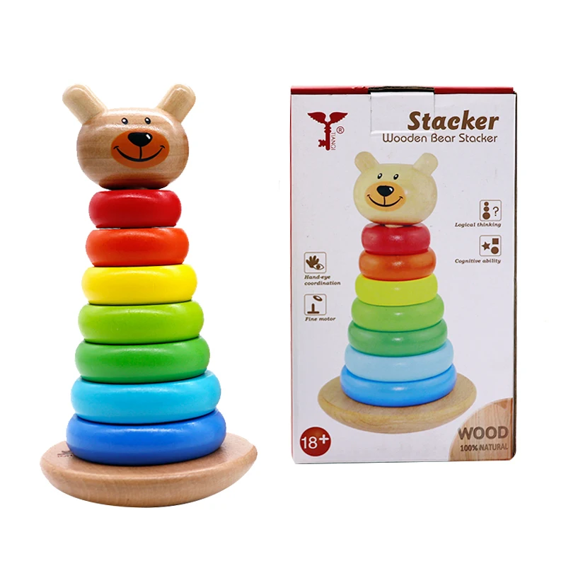 Kids Wooden Rainbow Puzzle Stacking Ring Tower Building Block Toy PV 