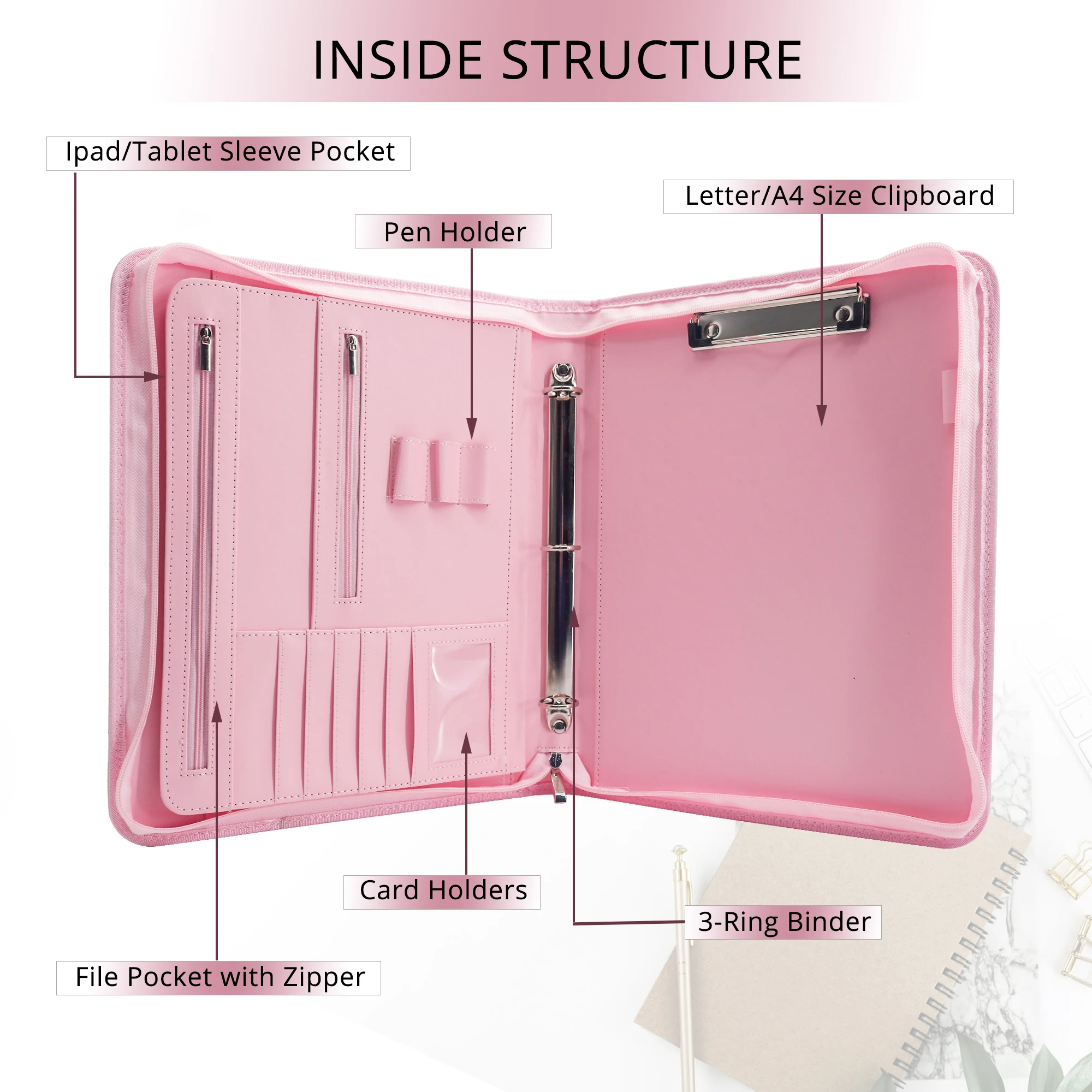 Pink Zippered Portfolio 3 Ring Binder Resume Folder Work Folio Business ...