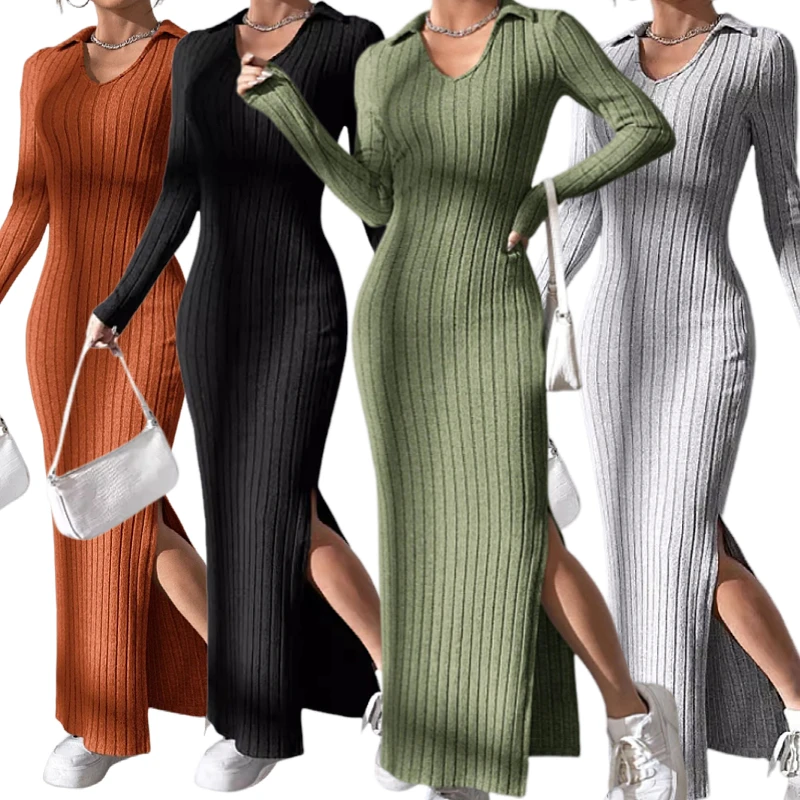 Elegant Slim Fit Long Sleeve Midi Dress For Women - Fall Dresses Odm