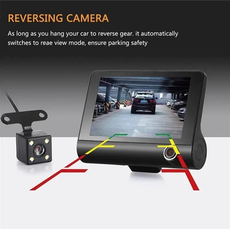 Otomatik kayıt Dash kamera araba dvr'ı 4 inç ekran Dash kamera 3 kameralar Lens dikiz kamera ile taşınabilir Video kaydedici