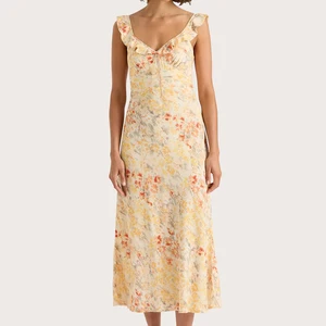 Wisrise Fashion Custom OEM & ODM Casual Spring Wear Yellow Floral Print Ruffled Neck Sleeveless Midi Dress