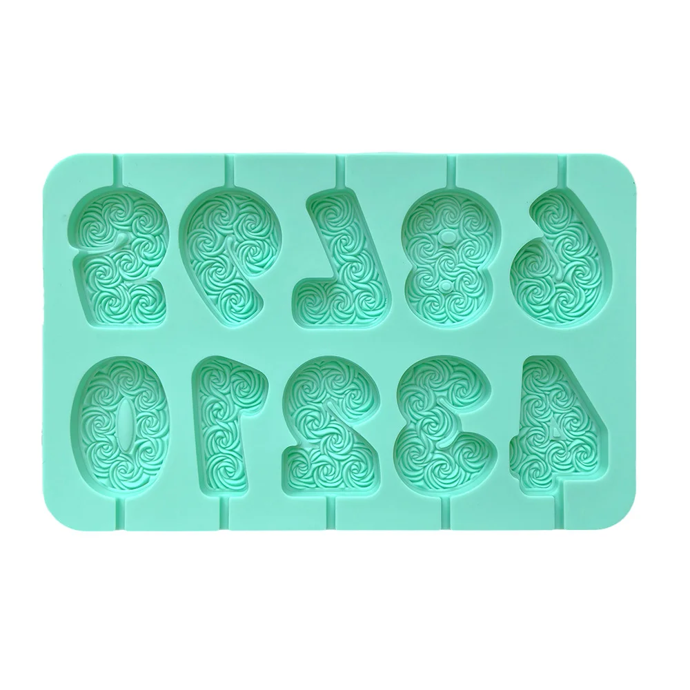 Rose Pattern 0-9 Numbers Shape Lollipop Silicone Mold Handmade 3D Chocolate Cake Jelly Candy Silicone Mold manufacture