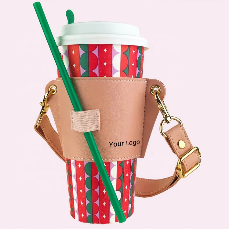 Pu Leather Portable Cup Holder, Pu Leather Cup Sleeve Coffee Cup Holder  With Shoulder Straps, Reusable Leather Coffee Sleeve