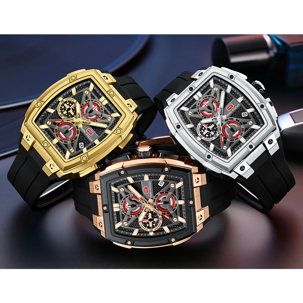 MINI FOCUS Chronograph Quartz Man New Model Watch for Men Sport Wristwatch with Black Rose Gold Silicone Strap MF0602G