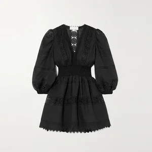 Clothing Manufacturer Custom Spring Autumn Black V Neck Long Sleeve Women Elegant Casual Lace Mini Dress