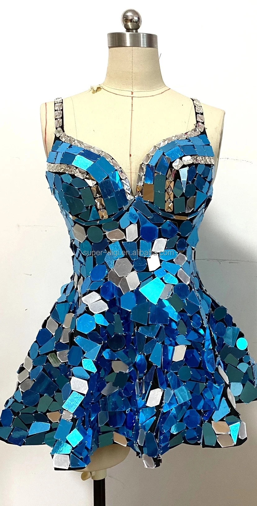 Broken CD Dress - Sparkly Mirror Rhinestone Sling Short Dress