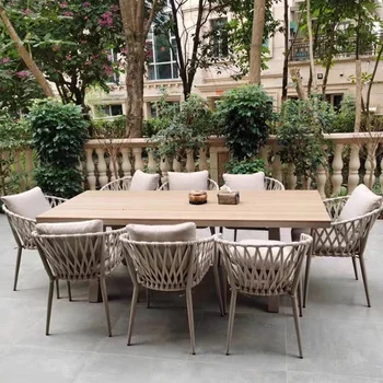 Nordic Garden Restaurant Outdoor Woven Rope Dining Table and Chair Furniture Set with Cushion