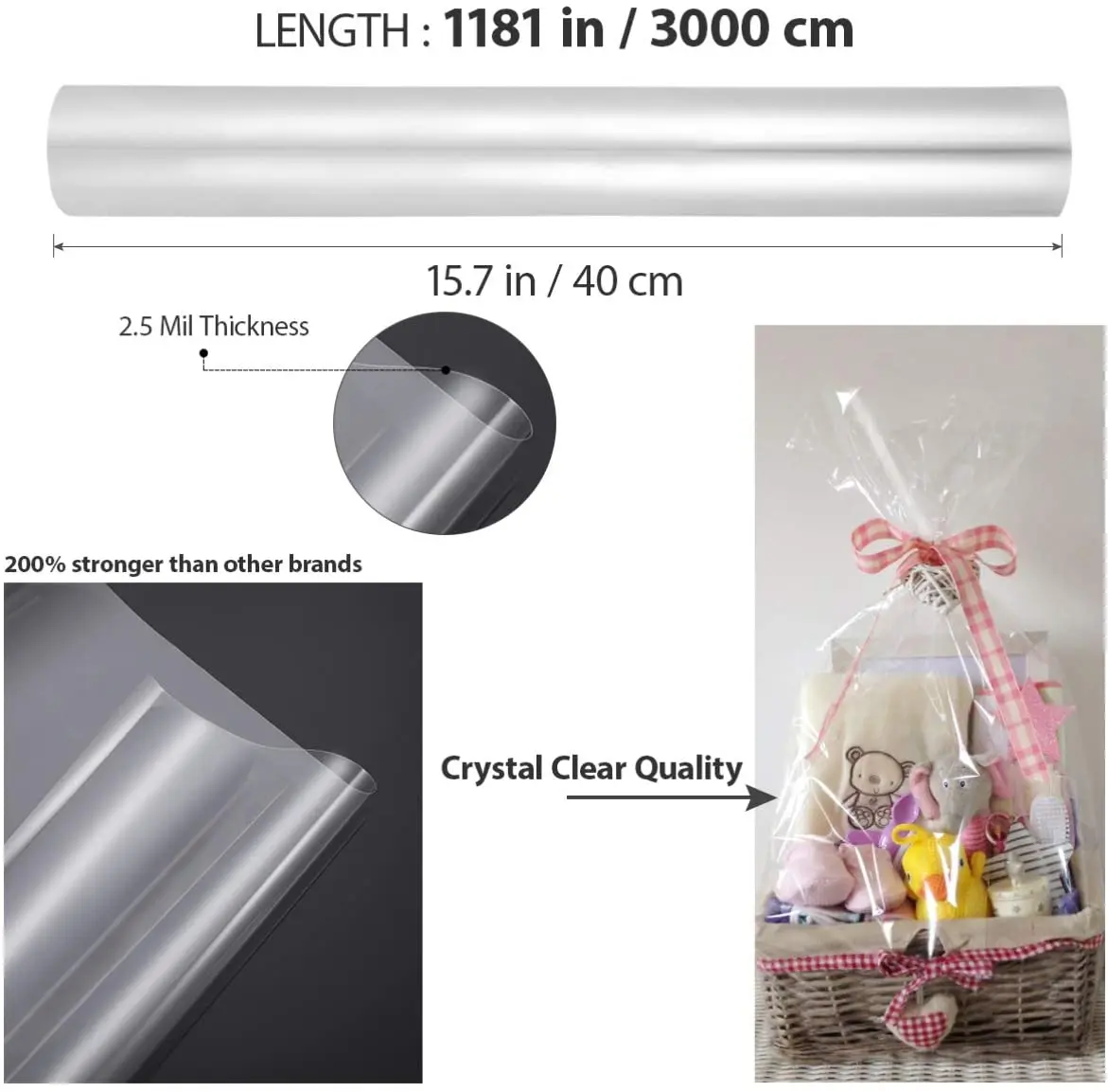 Clear OPP Plastic Cellophane Wrap for Gift Baskets, Large Cello Bags 30x40  inches, 5-Pack 