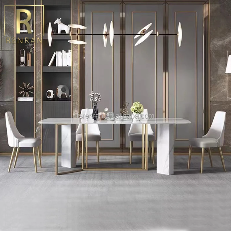 Modern Home Furniture Rectangular White Marble Top Dining Table Set 6 ...