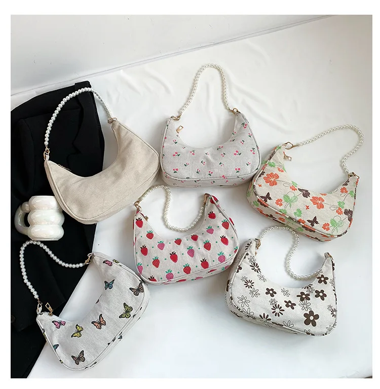 Fashion Cotton Flowers Underarm Bag for Women Chain Shoulder Bag