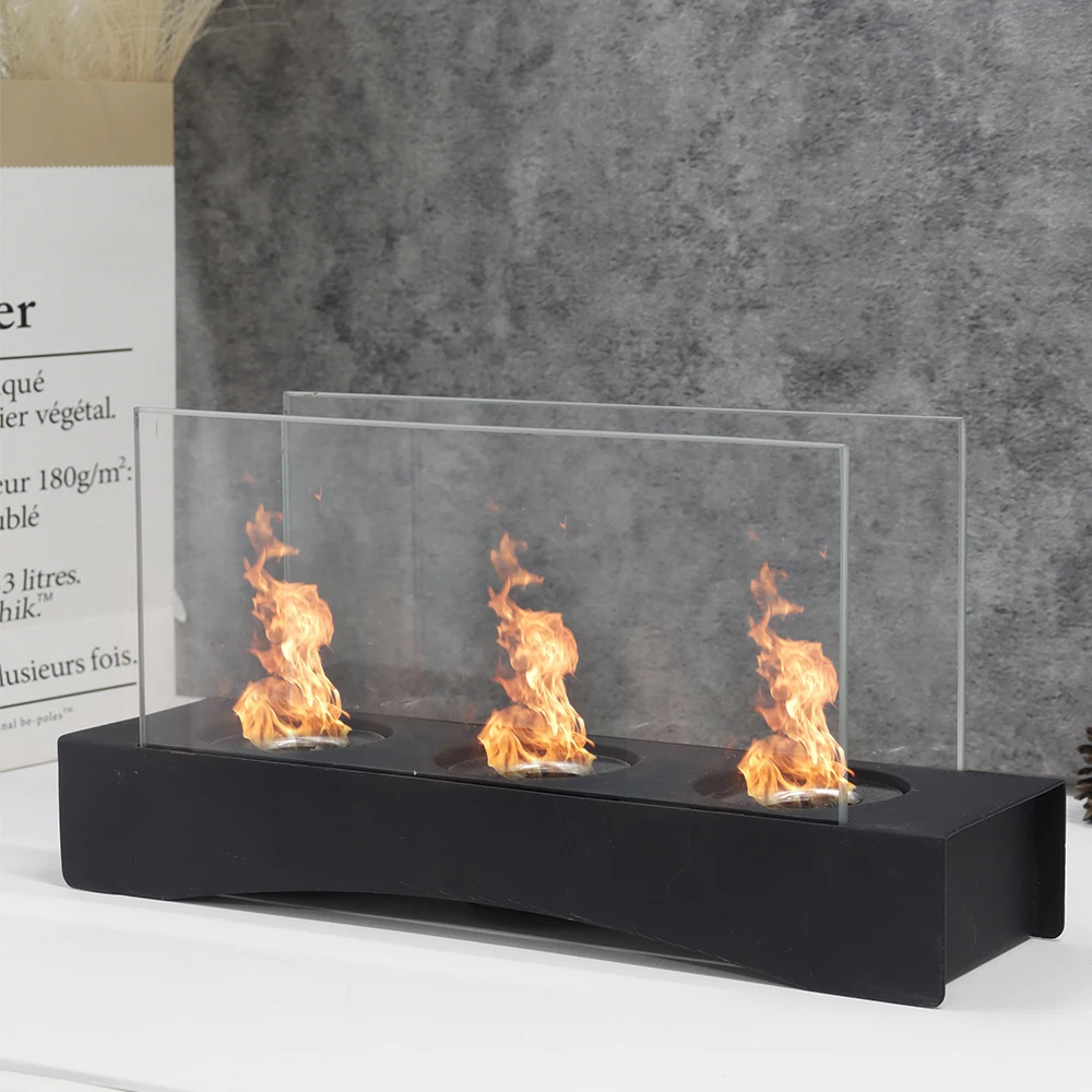 Portable Coffee Table Burner Fire Pit Desk Tabletop Bio Ethanol Glass Fireplace Three Fire