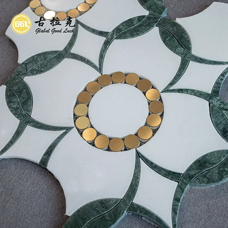 Flower pattern marble mosaic pure white and green marble chips inlaid with gold dots waterjet tile