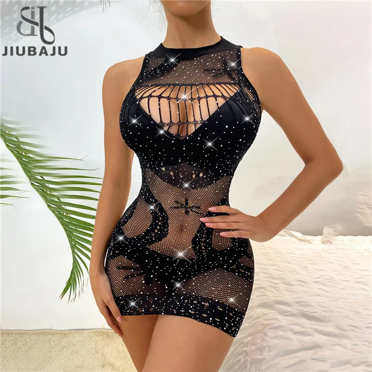 Rhinestone Erotic Hot Dress For Women Fishnet Sexy Lingerie  