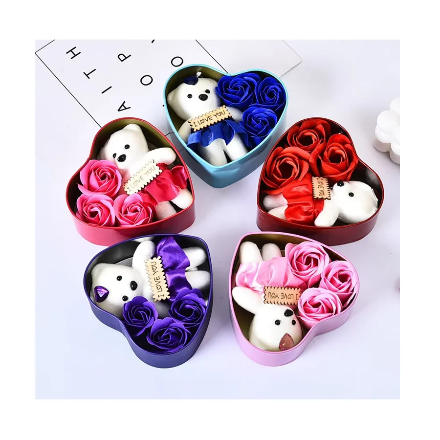 2023 Heart-Shaped Mothers Day Gift 3pcs Soap Rose Flowers Bear Box for